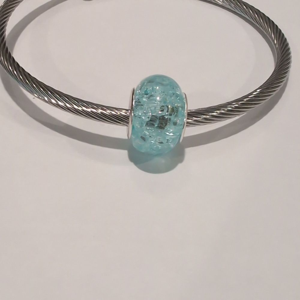 Silver Blue "Crushed Glass" Charm for‎ Pandora Style Bracelet